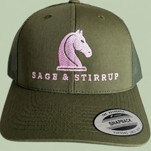 Olive trucker cap on sage background